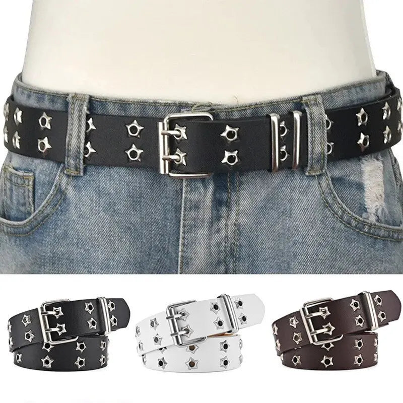 New Star Eye Rivet Belt Goth Style Double Pin Buckle Man/woman Fashion Casual Punk Style Pu Leather Waistband for Jeans Y2K Belt